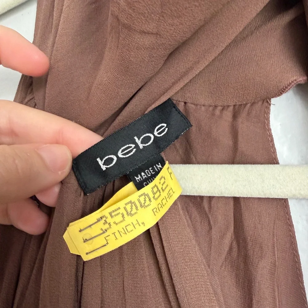 Vintage Y2K Bebe Silk Halter Handkerchief Hem Dress Brown XS Asymmetrical - Picture 6 of 15